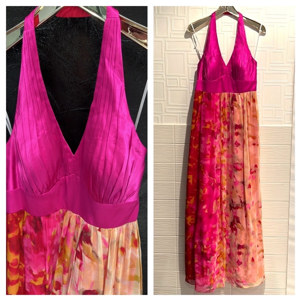Silk Halter Floral Maxi Dress Chiffon Fuschia Evening Bridal Wedding Decode 1.8